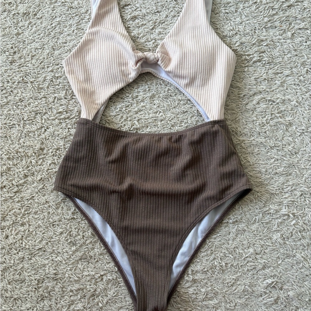 SHEIN Two-Tone Ribbed One Piece Swimsuit - Cream and Brown